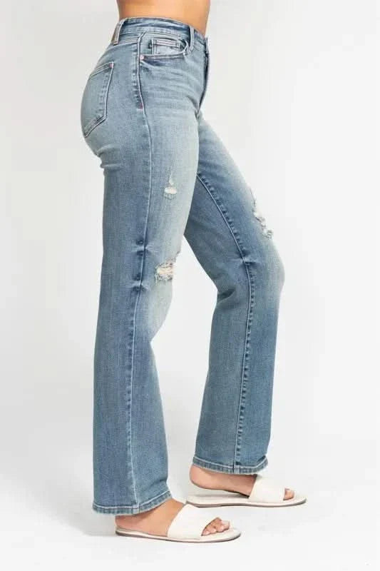 Judy Blue Full Size High Waist Distressed Dad Jean - Blackthorn 31