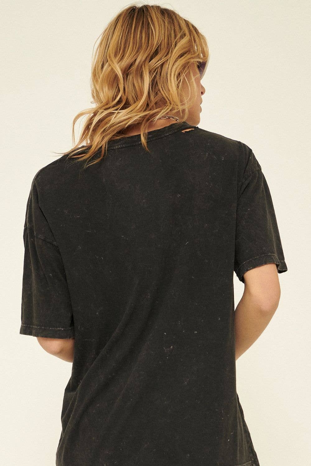 Rosie Karma Def Leppard Union Jack distressed graphic tee, casual shirt featuring bold rock band print and vintage-inspired design.