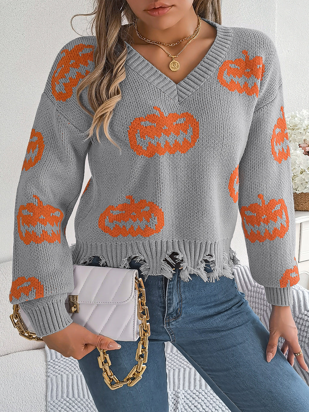 Women Color Block Pumpkin Distressed Long Sleeve Pullover Sweater - Blackthorn 31