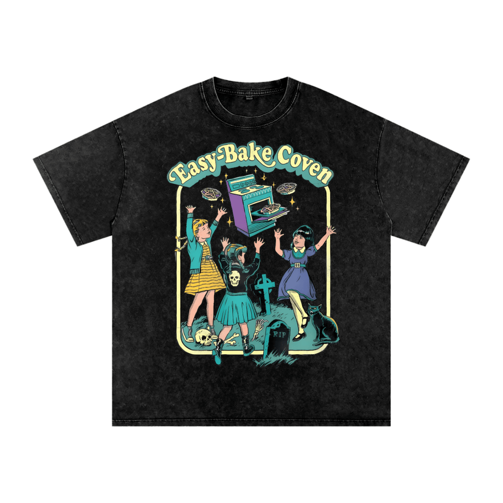 Goth Cloth Co. Easy Bake Coven acid-washed oversized T-shirt with bold graphic print, relaxed fit, and distressed style.