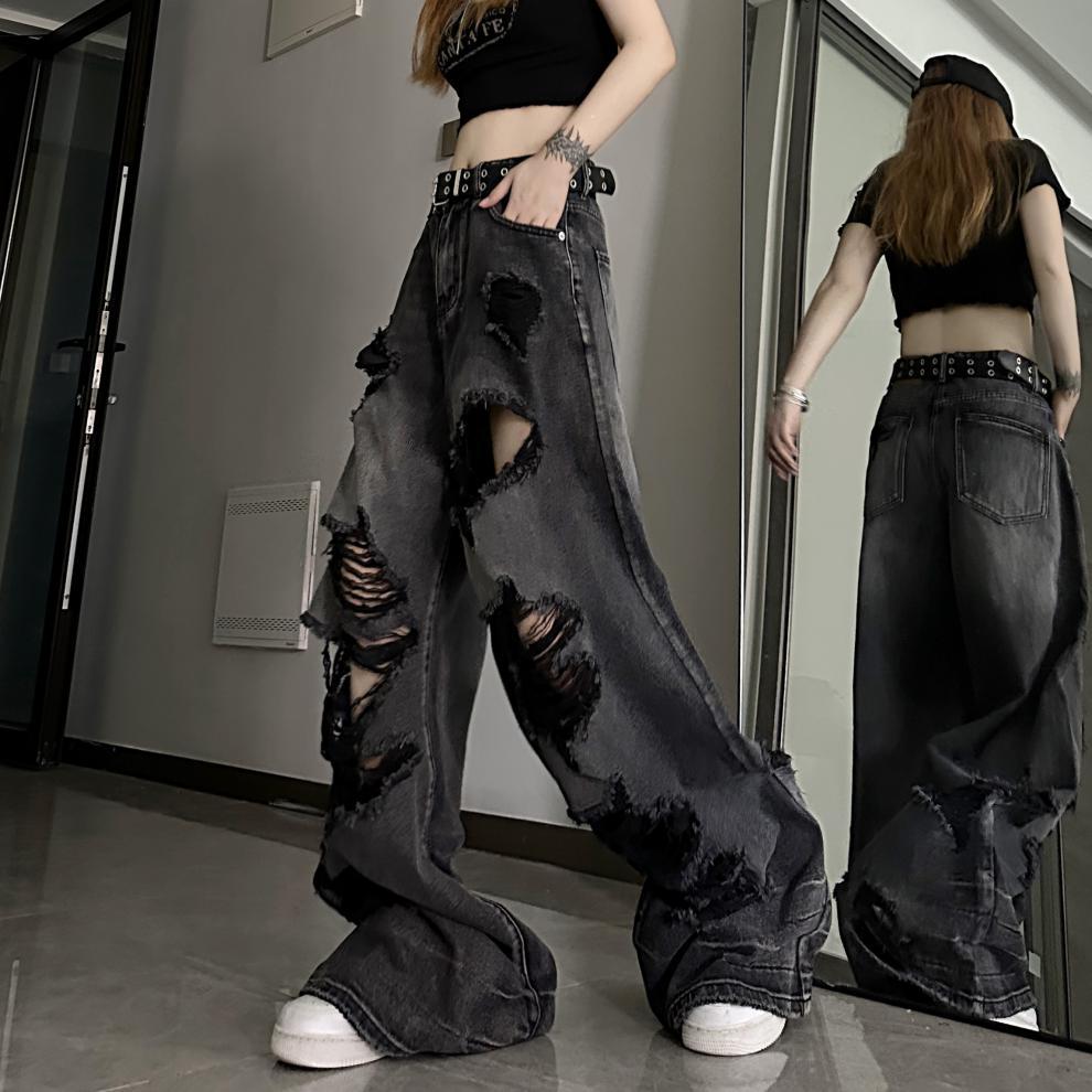 Dark black denim ripped wide leg jeans - Blackthorn 31