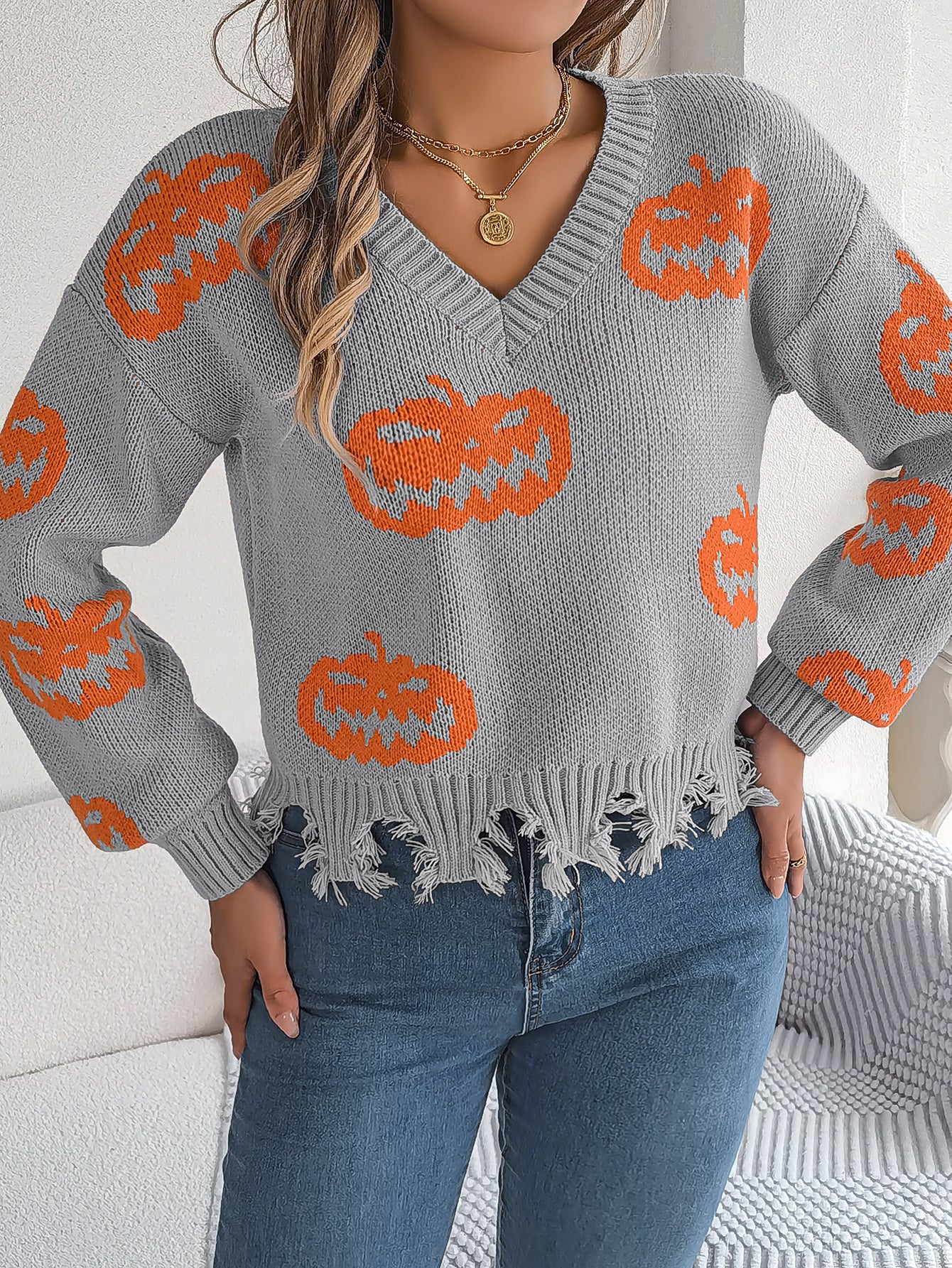 Women Color Block Pumpkin Distressed Long Sleeve Pullover Sweater - Blackthorn 31