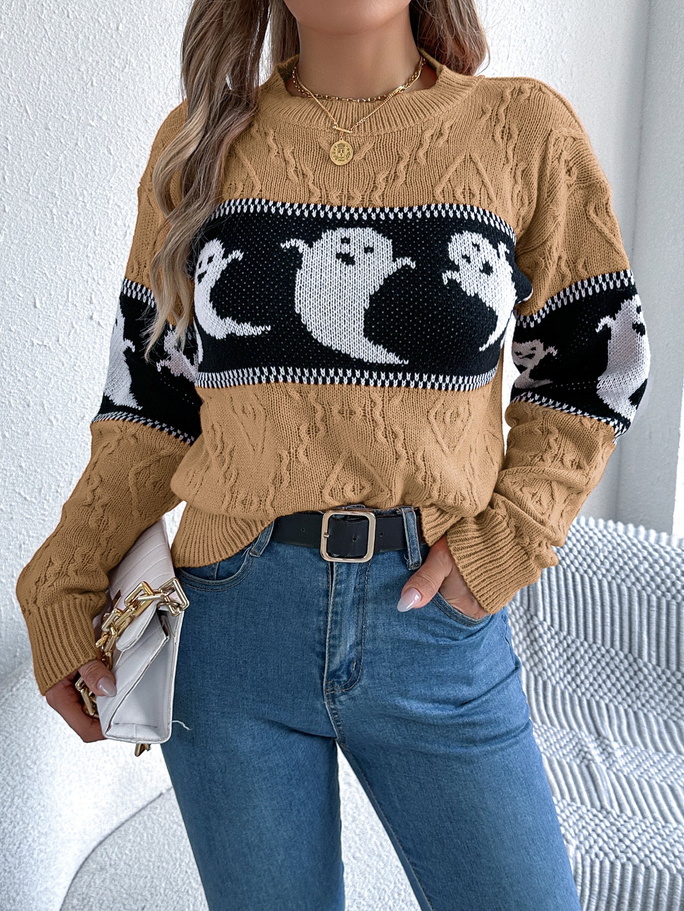 Women Ghost Color Block Long Sleeve Pullover Sweater - Blackthorn 31