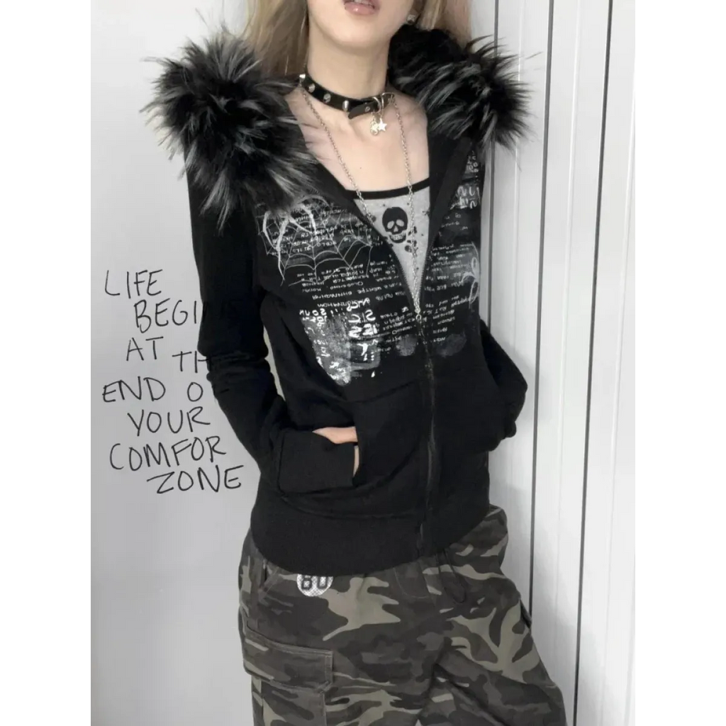 Black Gothic Grunge Fur Hooded Jacket - Blackthorn 31