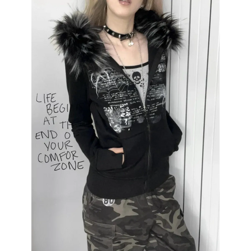 Black Gothic Grunge Fur Hooded Jacket - Blackthorn 31
