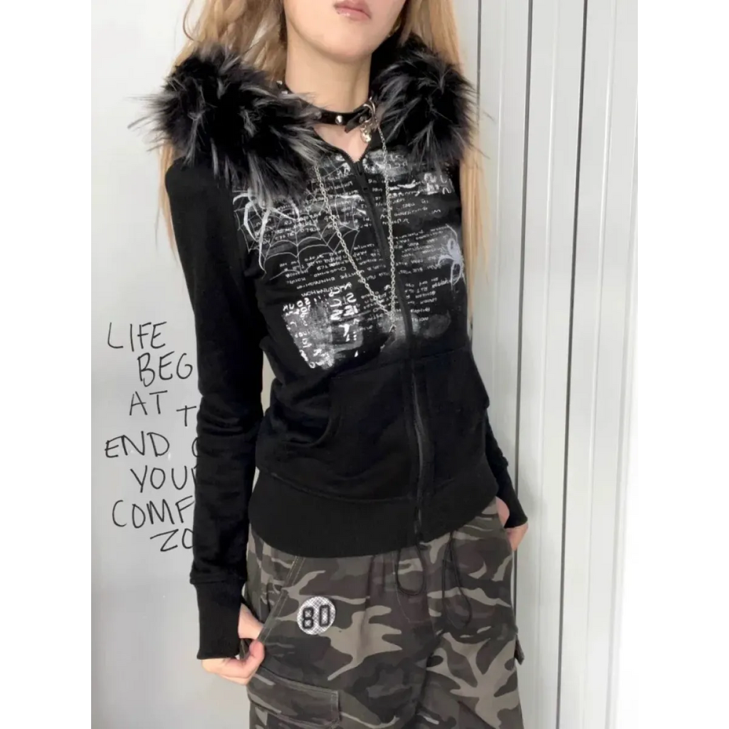 Black Gothic Grunge Fur Hooded Jacket - Blackthorn 31