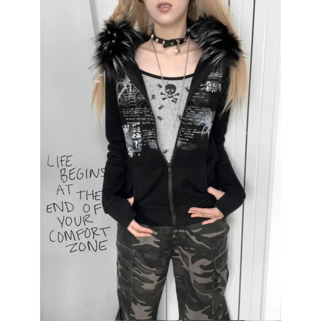 Black Gothic Grunge Fur Hooded Jacket - Blackthorn 31