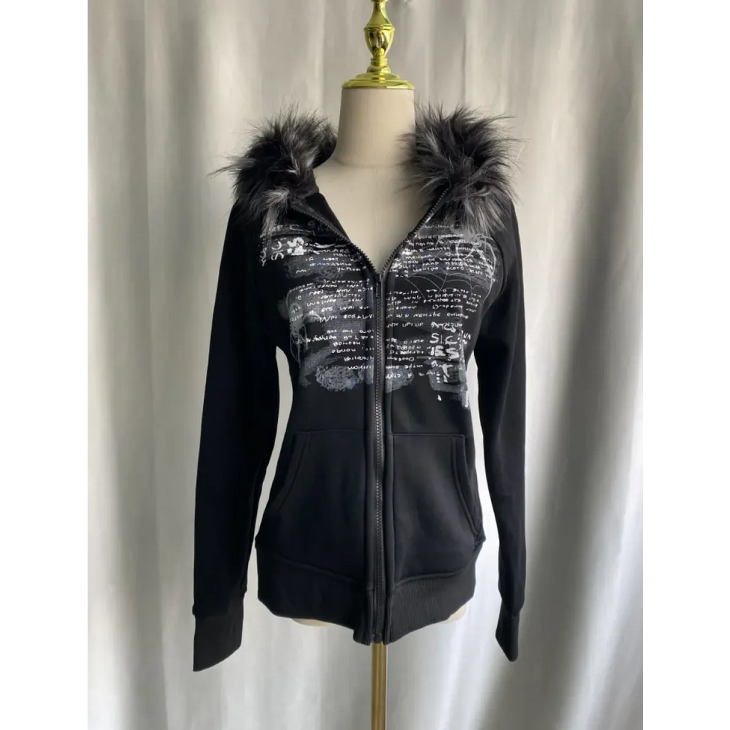 Black Gothic Grunge Fur Hooded Jacket - Blackthorn 31