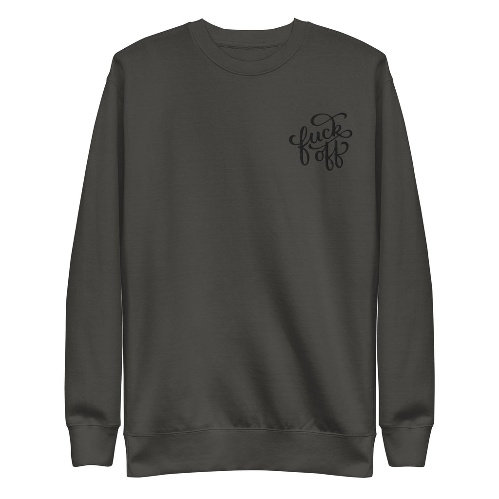 Unisex black sweatshirt with embroidered "Fuck Off" text, casual fit, Goth Cloth Co. branding visible on the front.