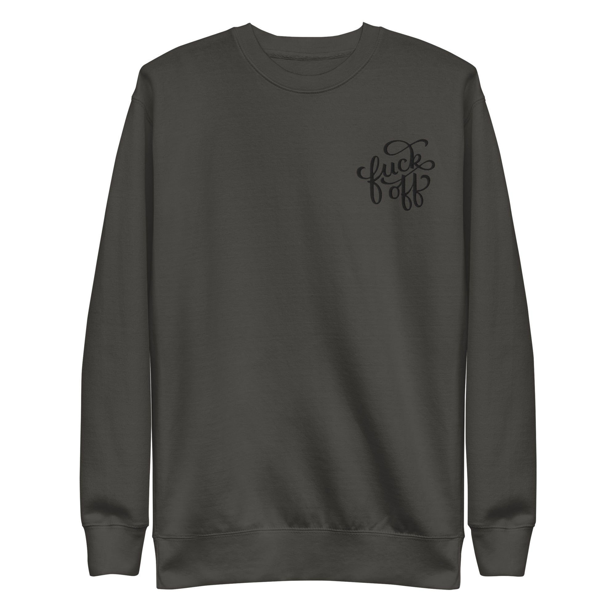 Unisex black sweatshirt with embroidered "Fuck Off" text, casual fit, Goth Cloth Co. branding visible on the front.