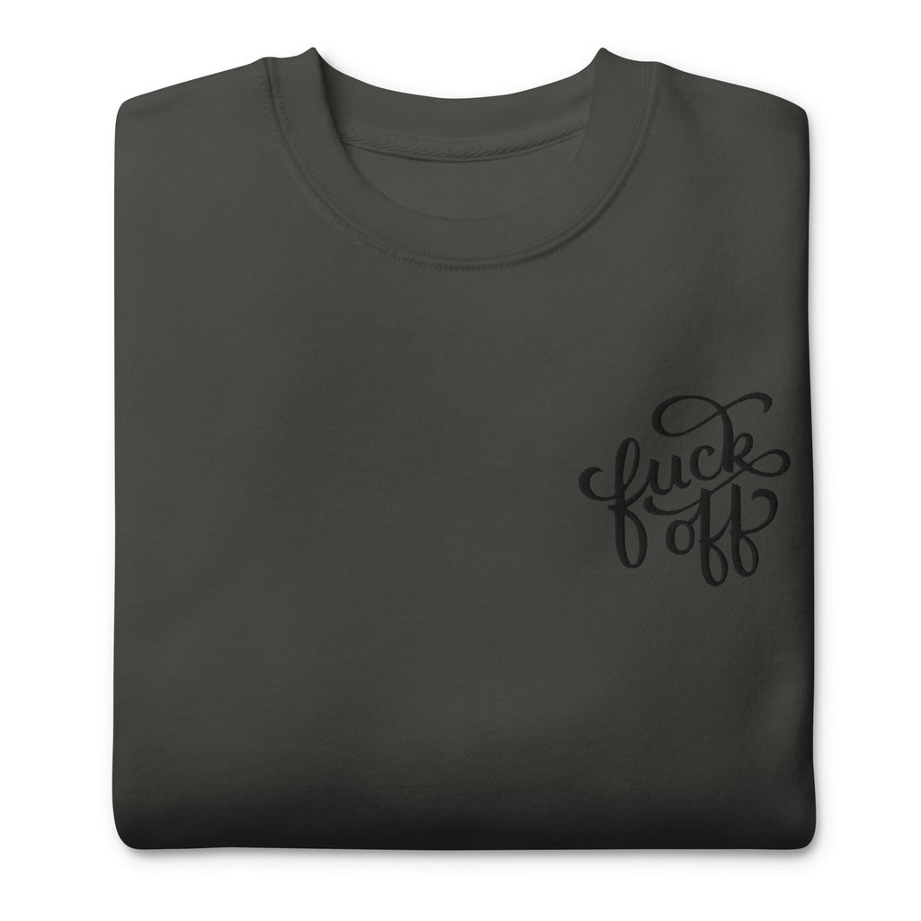 Unisex Gothic Sweatshirt with embroidered "Fuck Off" message from Goth Cloth Co., featuring dark design and casual fit.