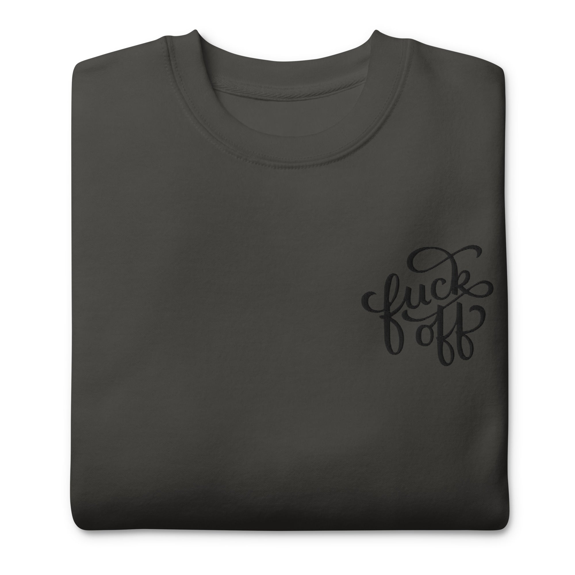 Unisex Gothic Sweatshirt with embroidered "Fuck Off" message from Goth Cloth Co., featuring dark design and casual fit.