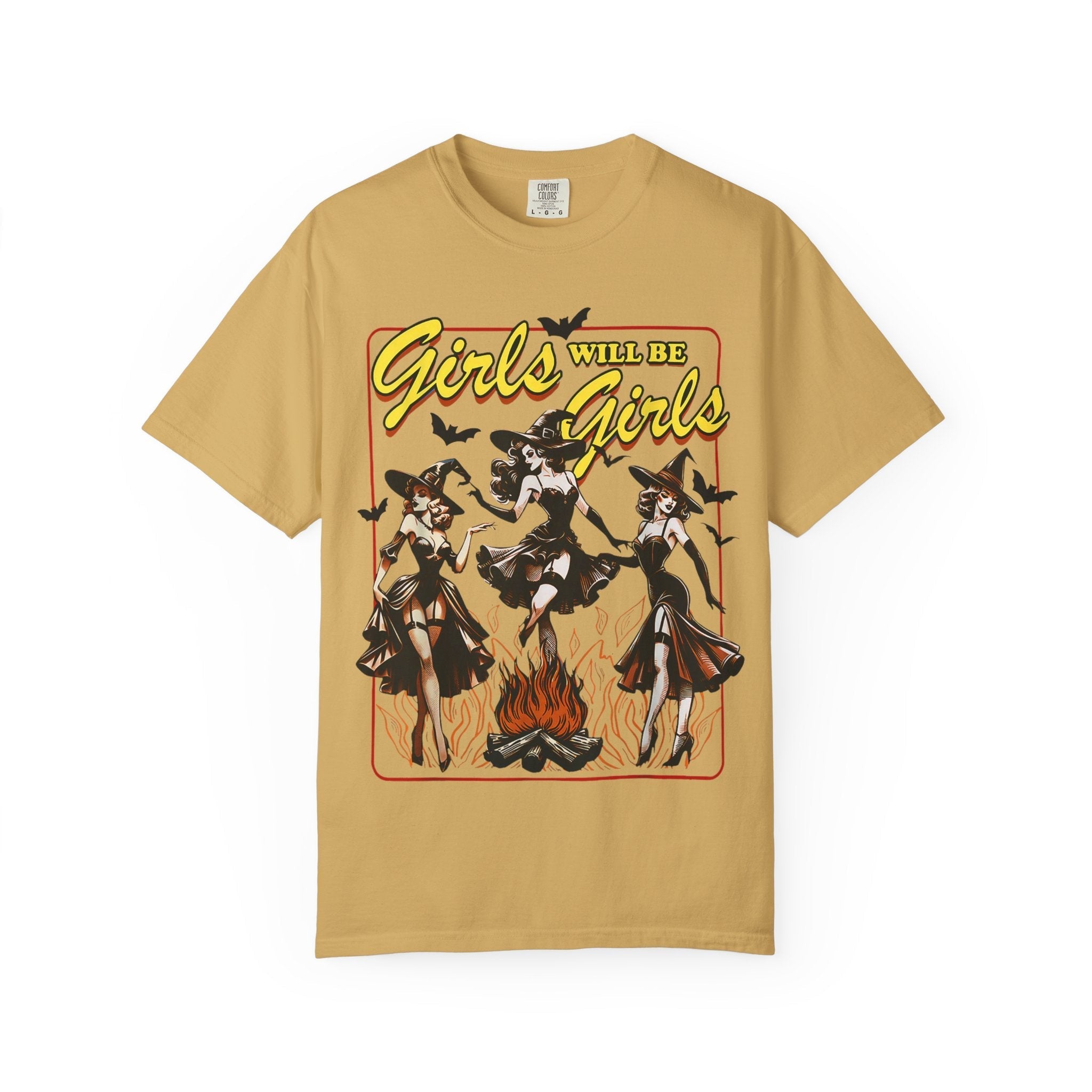 Girls Will Be Witches comfy tee by Goth Cloth Co., featuring a cozy, casual design with witch-themed graphics for girls.