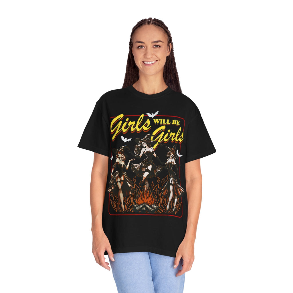 Girls Will Be Witches comfy tee by Goth Cloth Co., featuring a casual black T-shirt with witch-themed graphic design.