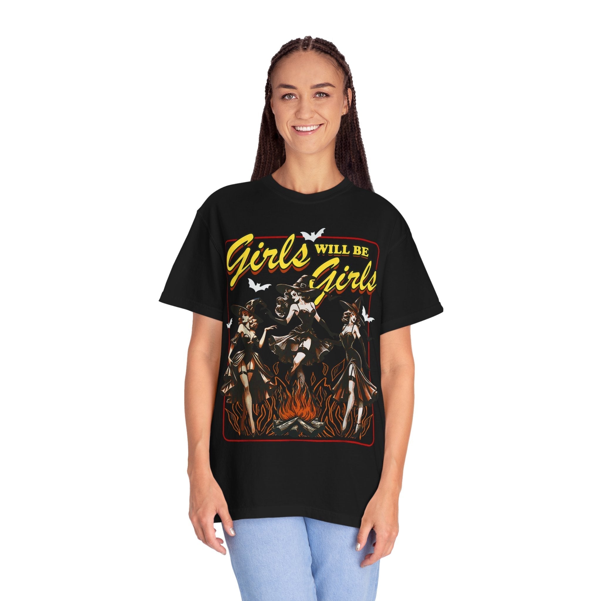 Girls Will Be Witches comfy tee by Goth Cloth Co., featuring a casual black T-shirt with witch-themed graphic design.