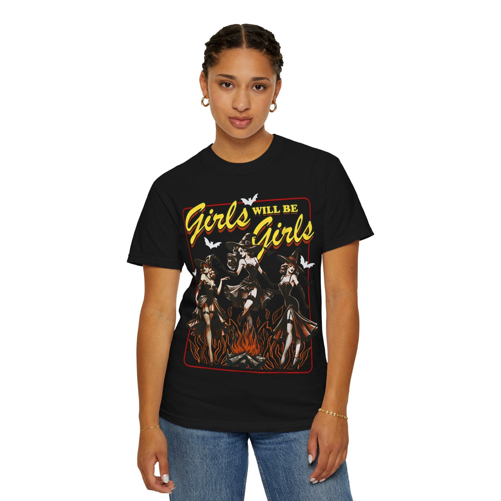 Girls Will Be Witches comfy tee by Goth Cloth Co., featuring a casual black cotton t-shirt with witch-themed print.