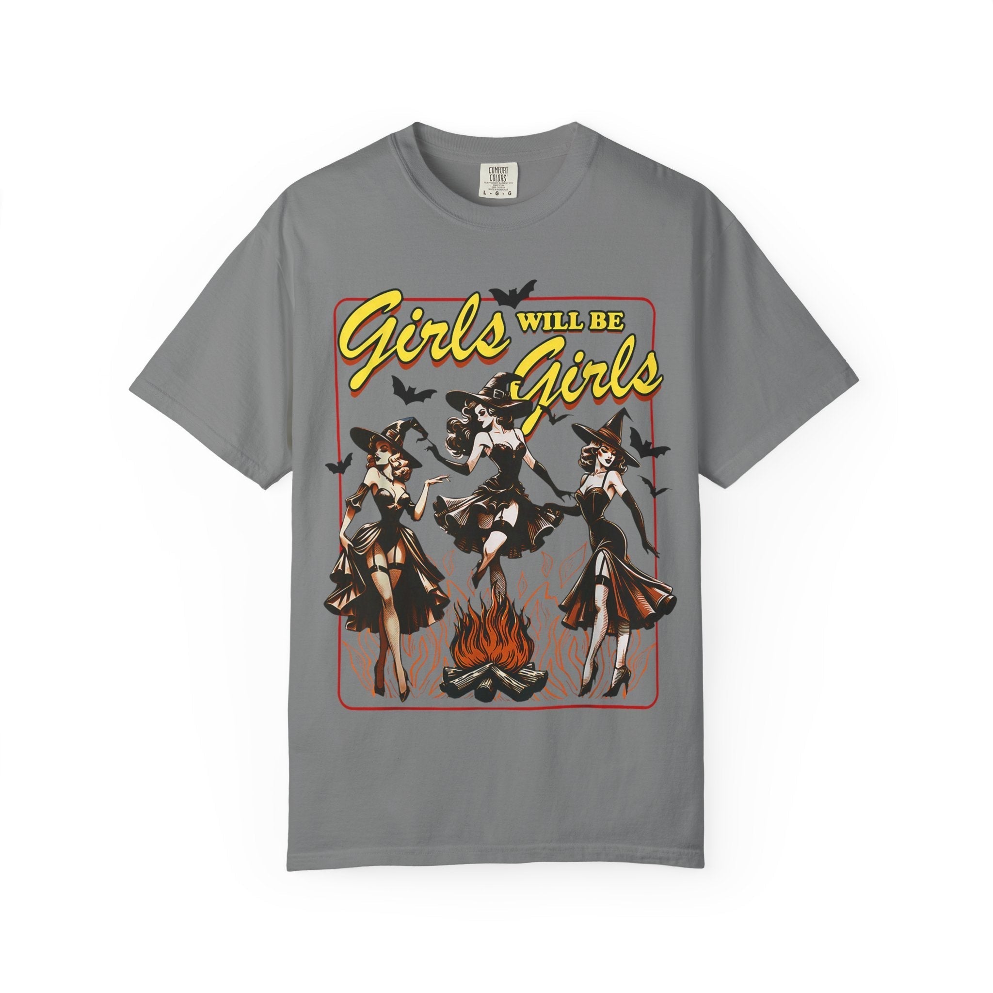 Girls Will Be Witches comfy tee by Goth Cloth Co., featuring a playful graphic design on a soft, casual girls' t-shirt.