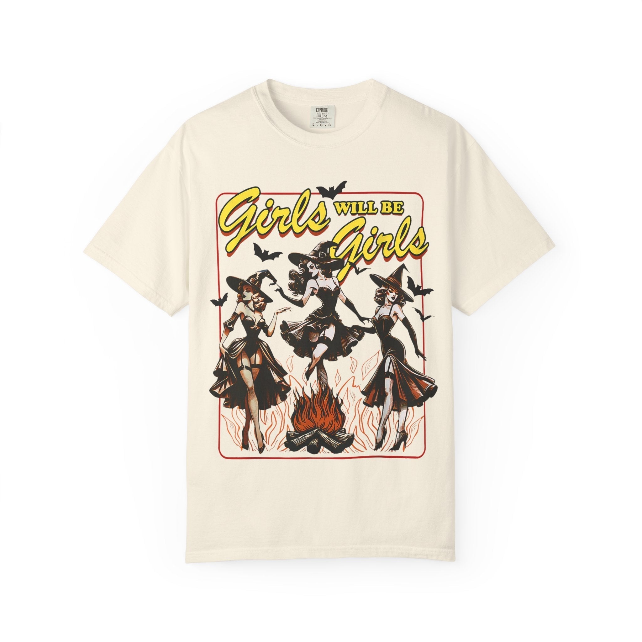 Girls Will Be Witches comfy tee from Goth Cloth Co., featuring a casual, soft cotton shirt with witch-themed design for girls.