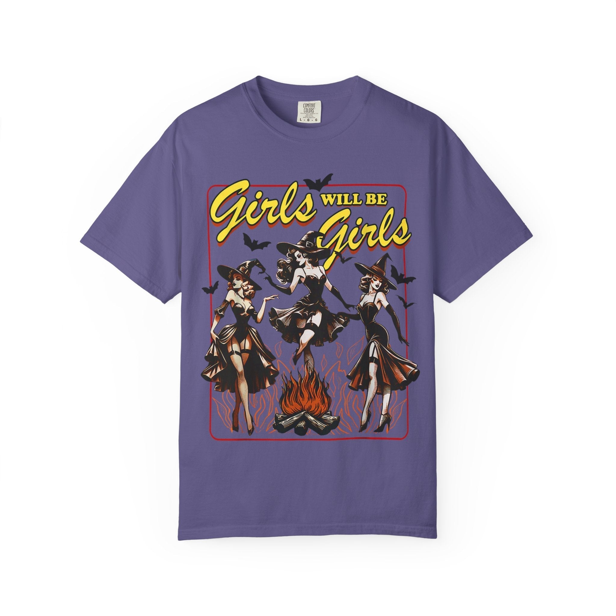 Girls Will Be Witches comfy tee by Goth Cloth Co., featuring a playful witch-themed graphic on a soft, casual t-shirt for girls.