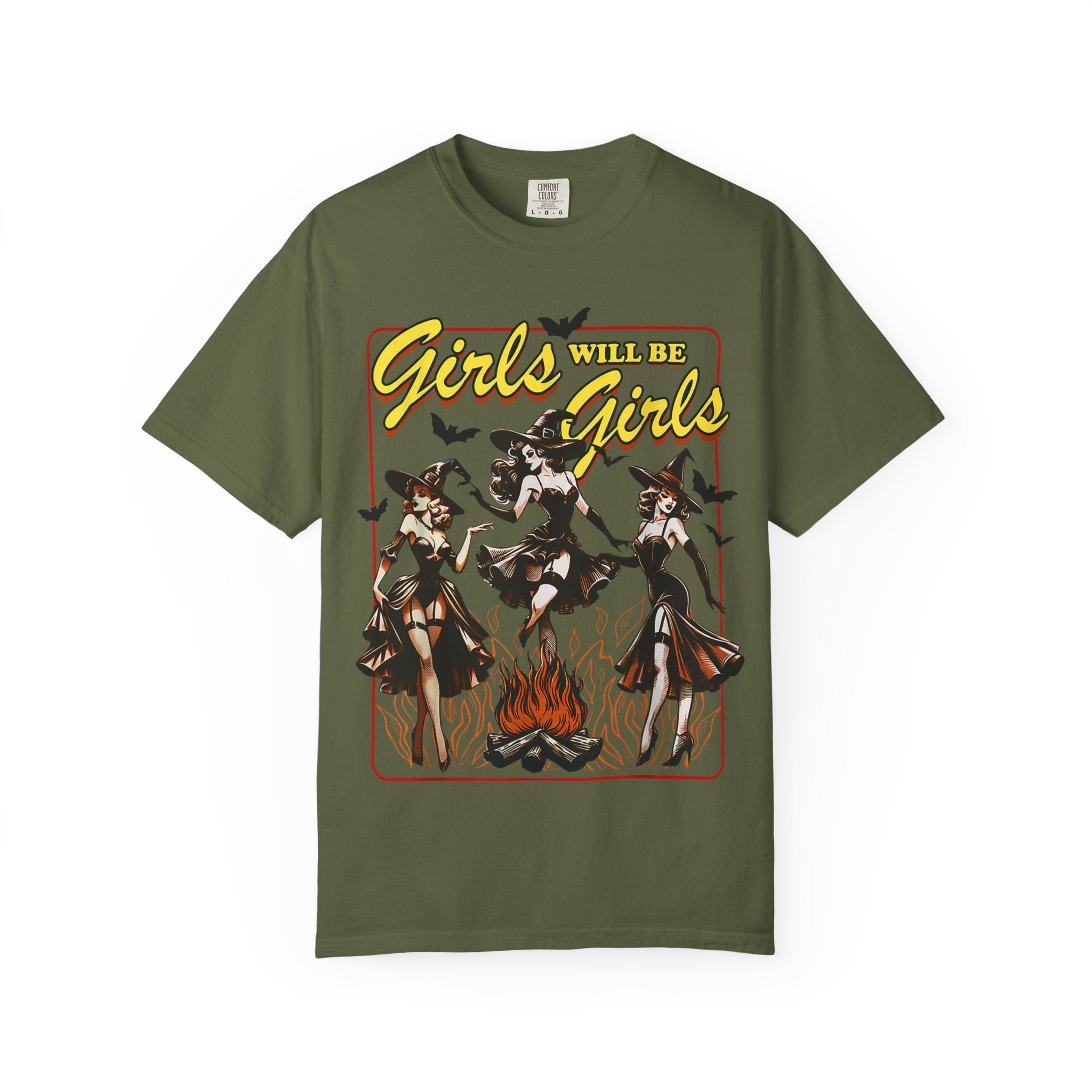 Girls Will Be Witches comfy tee by Goth Cloth Co., featuring a casual fit with witch-themed graphic design.