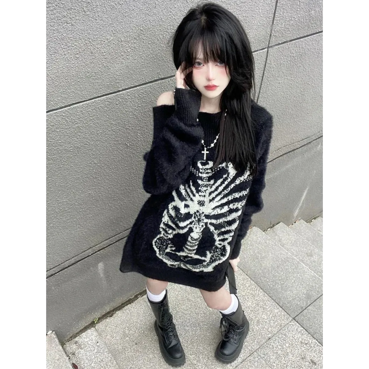 Black Skull Print Harajuku Sweater – Gothic Grunge Y2K Knitwear - Blackthorn 31