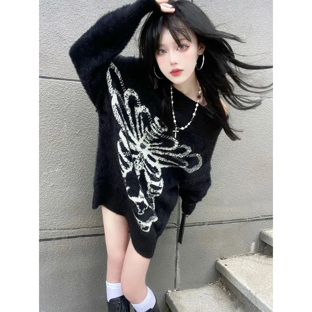 Black Skull Print Harajuku Sweater – Gothic Grunge Y2K Knitwear - Blackthorn 31