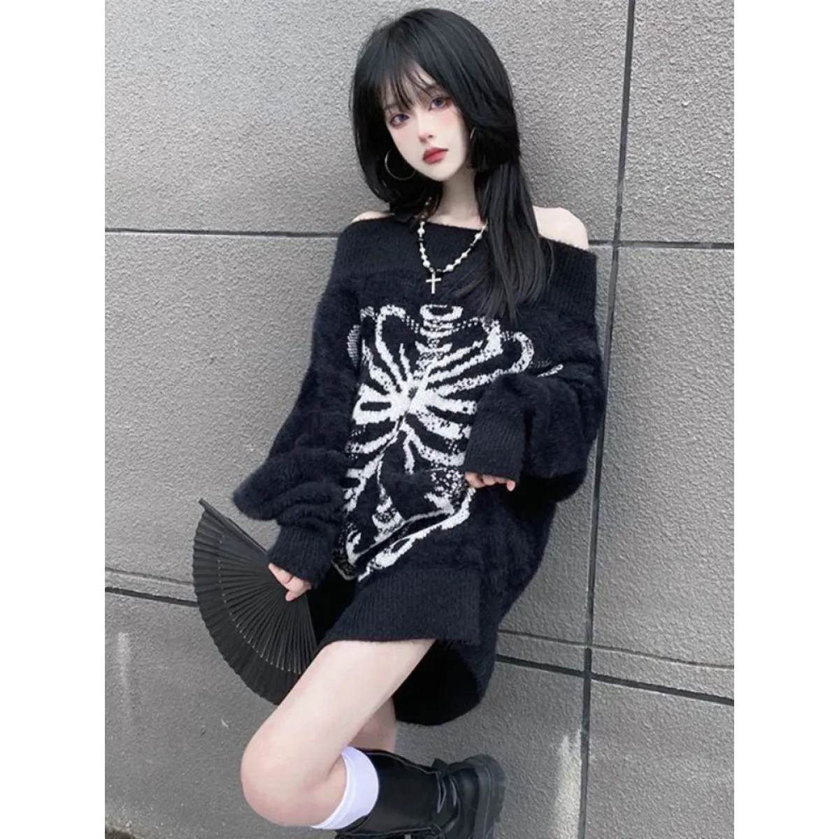 Black Skull Print Harajuku Sweater – Gothic Grunge Y2K Knitwear - Blackthorn 31