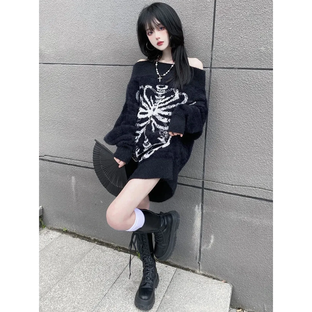 Black Skull Print Harajuku Sweater – Gothic Grunge Y2K Knitwear - Blackthorn 31