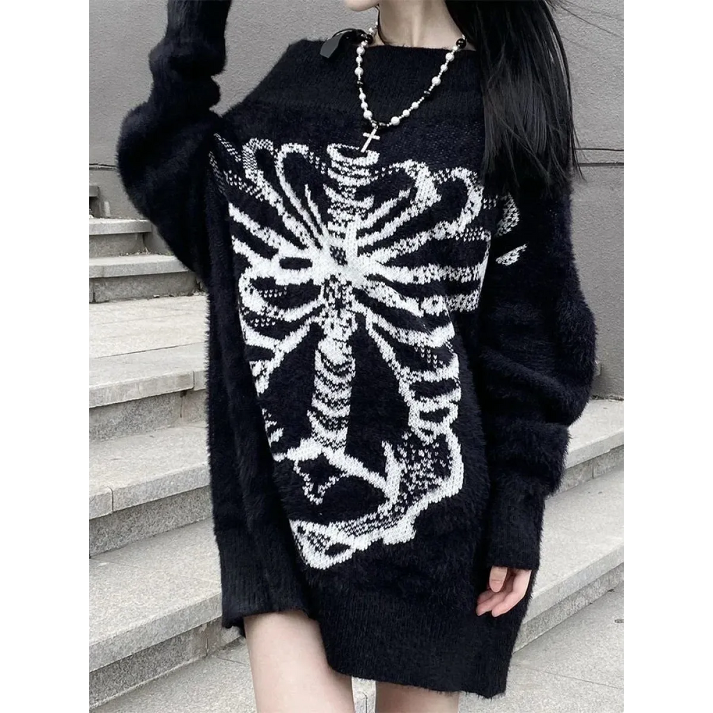 Black Skull Print Harajuku Sweater – Gothic Grunge Y2K Knitwear - Blackthorn 31
