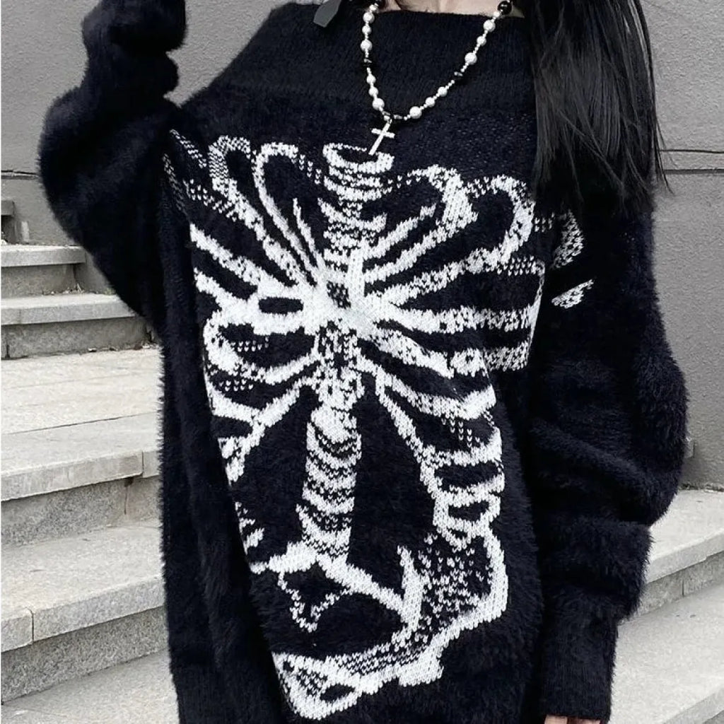 Black Skull Print Harajuku Sweater – Gothic Grunge Y2K Knitwear - Blackthorn 31