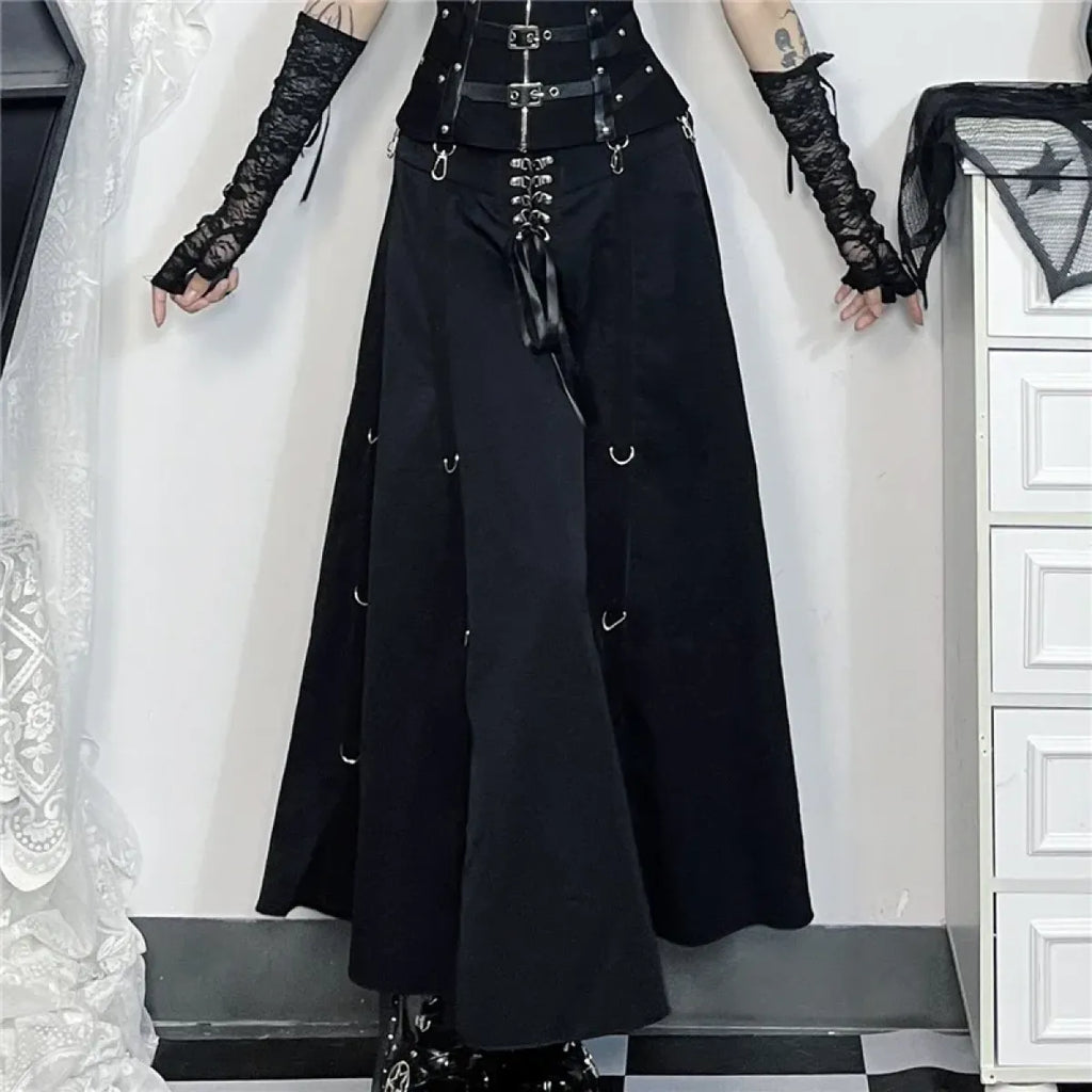 Gothic High Waist Ruffle Skirt – Punk Grunge Corset A-Line Skirt - Blackthorn 31