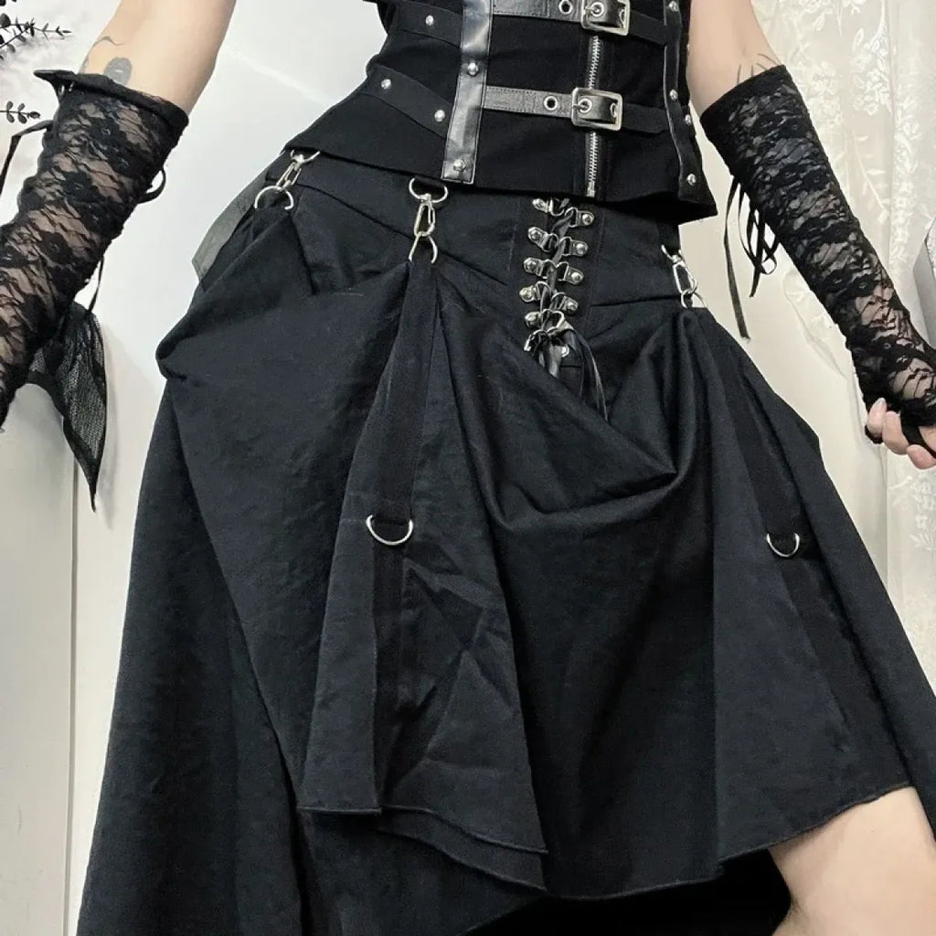Gothic High Waist Ruffle Skirt – Punk Grunge Corset A-Line Skirt - Blackthorn 31