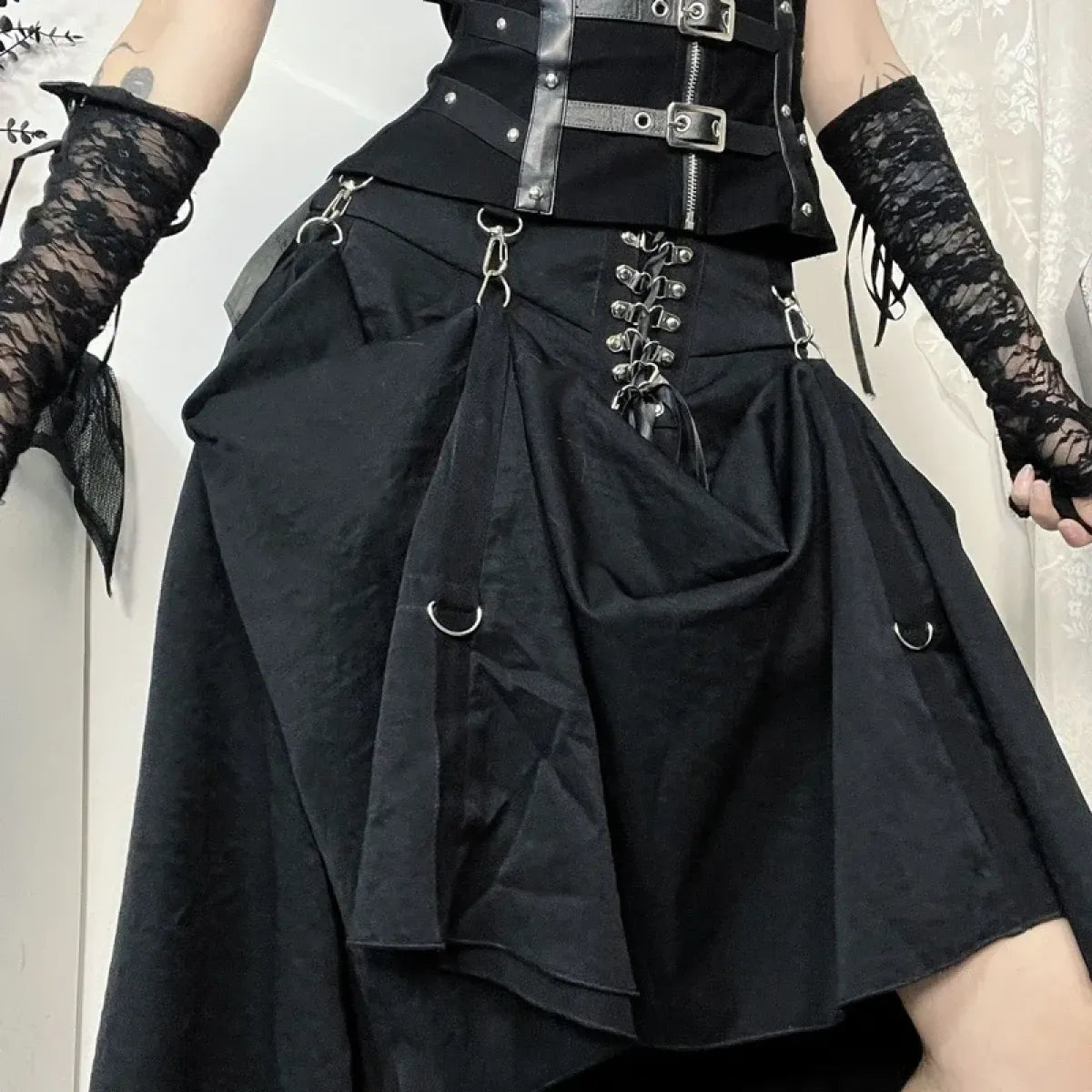 Gothic High Waist Ruffle Skirt – Punk Grunge Corset A-Line Skirt - Blackthorn 31