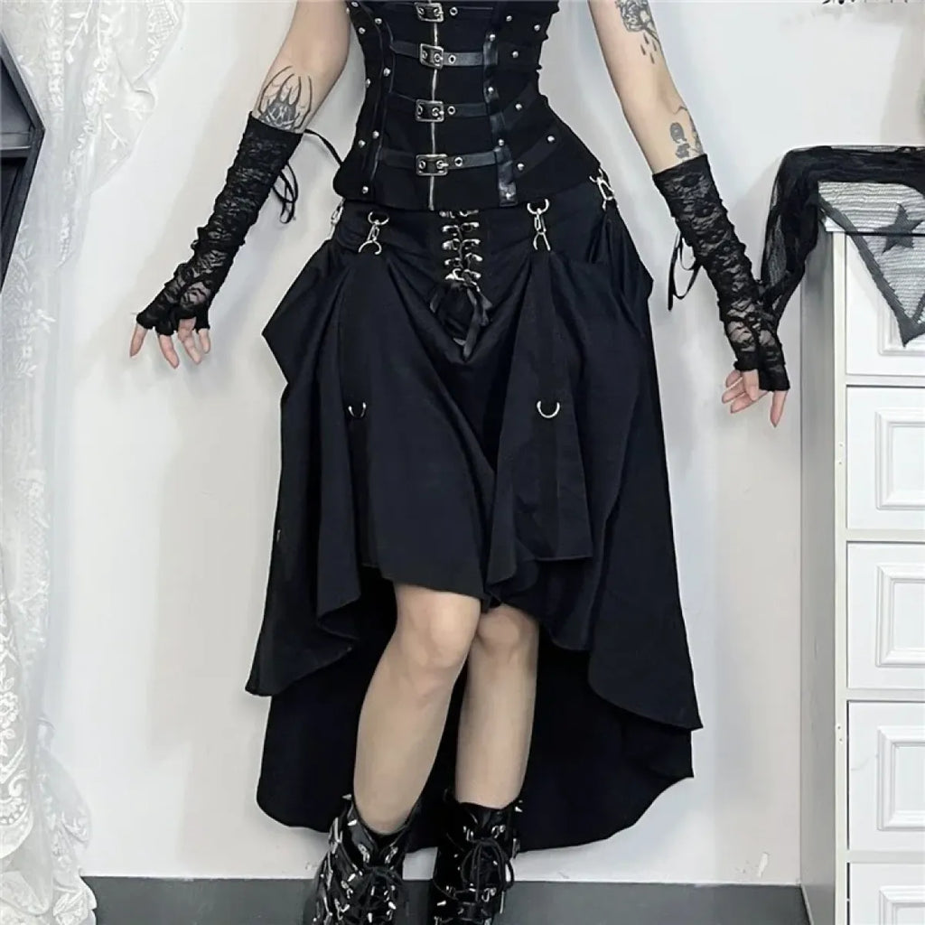 Gothic High Waist Ruffle Skirt – Punk Grunge Corset A-Line Skirt - Blackthorn 31