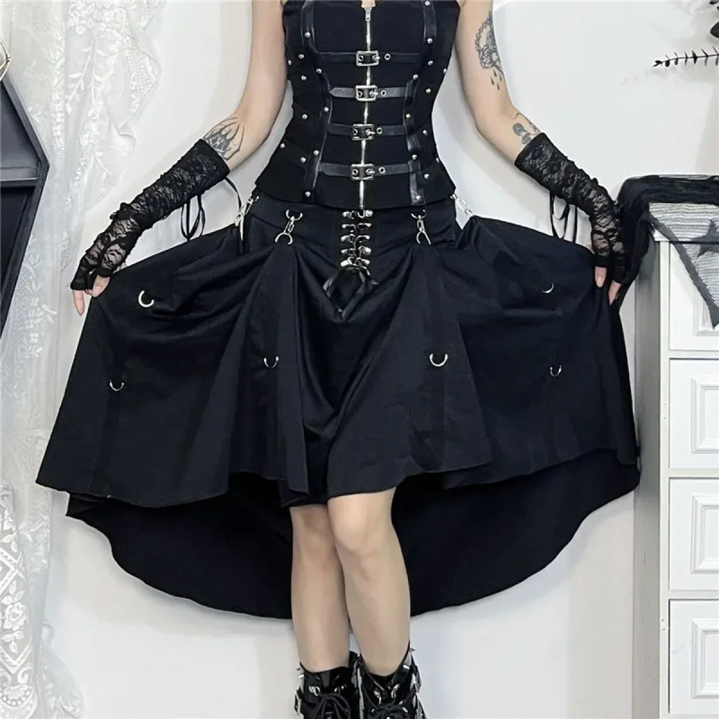 Gothic High Waist Ruffle Skirt – Punk Grunge Corset A-Line Skirt - Blackthorn 31