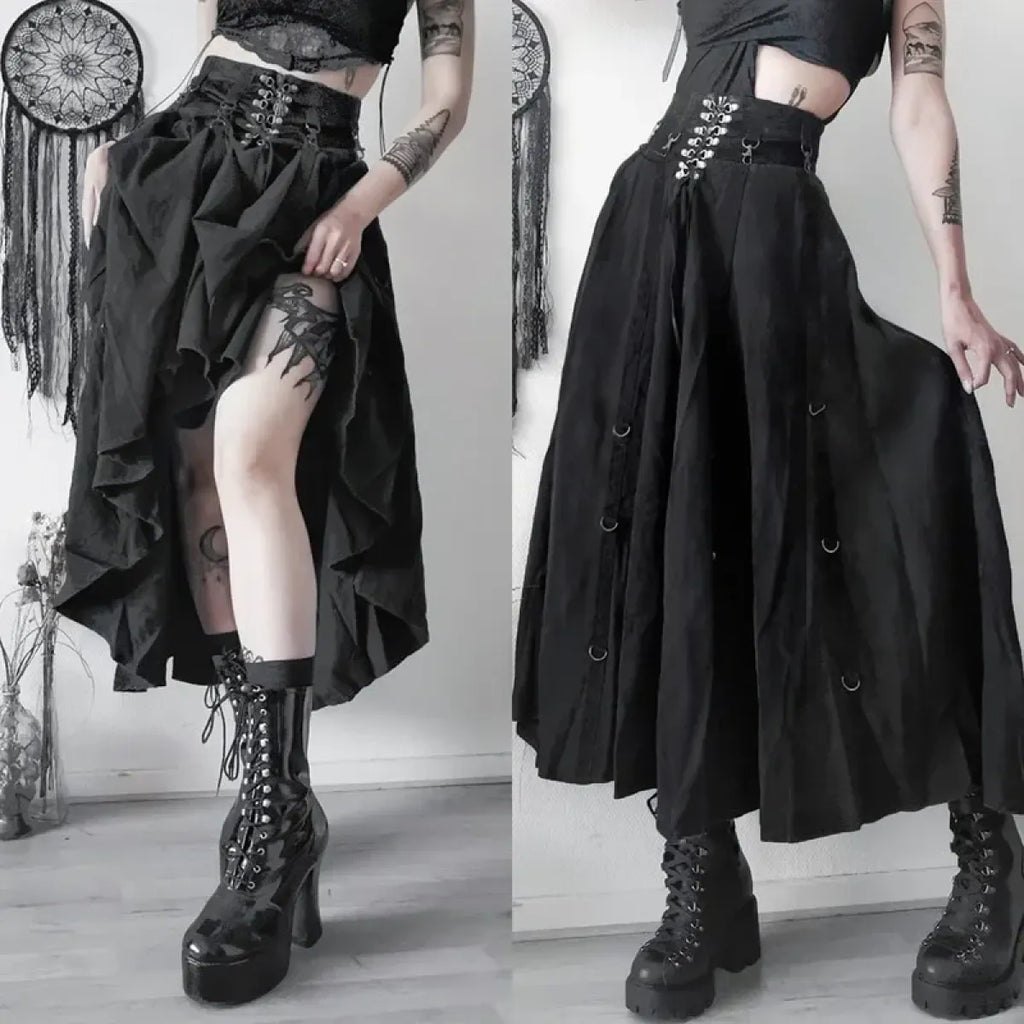 Gothic High Waist Ruffle Skirt – Punk Grunge Corset A-Line Skirt - Blackthorn 31