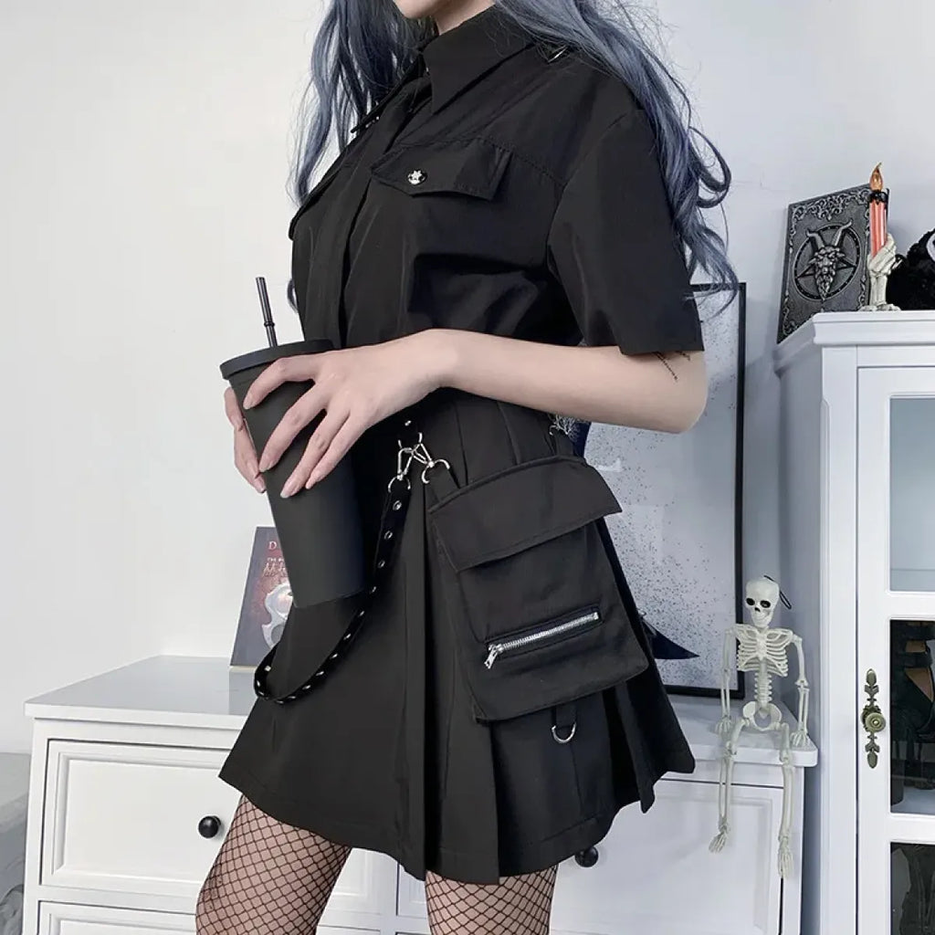 Gothic Punk High Waist Mini Skirt – Chain Straps & Utility Pockets - Blackthorn 31