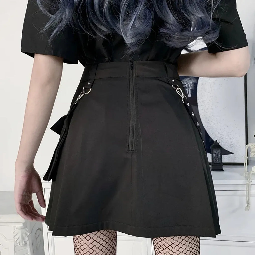 Gothic Punk High Waist Mini Skirt – Chain Straps & Utility Pockets - Blackthorn 31