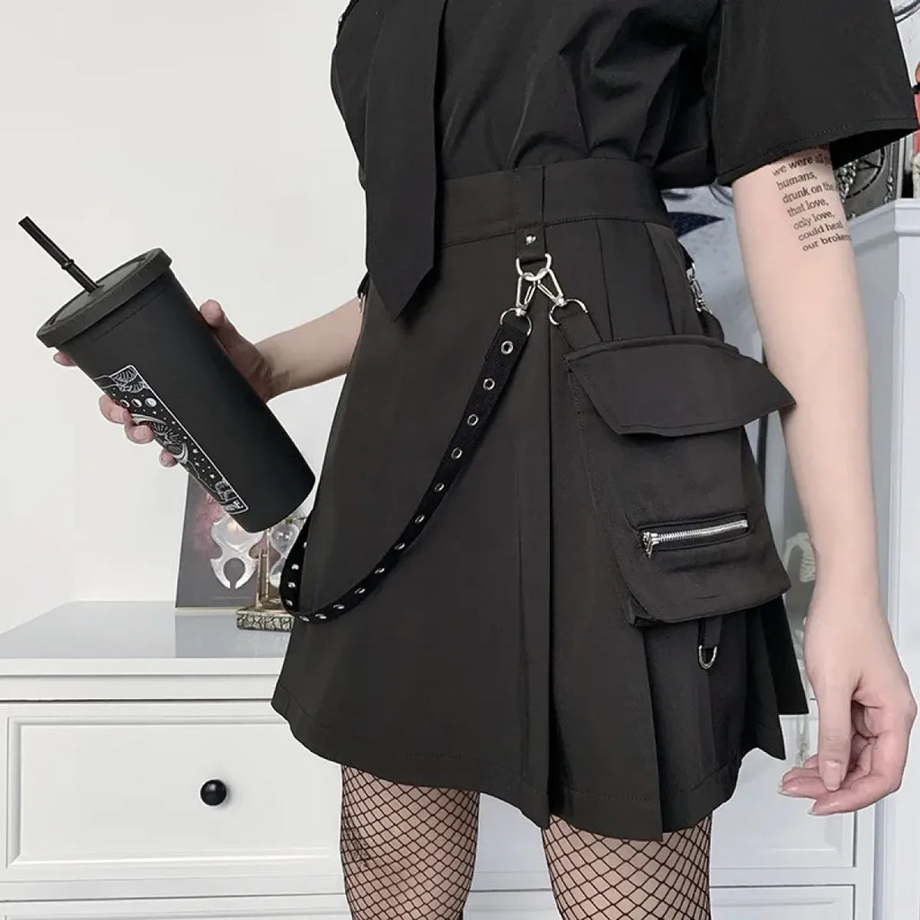 Gothic Punk High Waist Mini Skirt – Chain Straps & Utility Pockets - Blackthorn 31