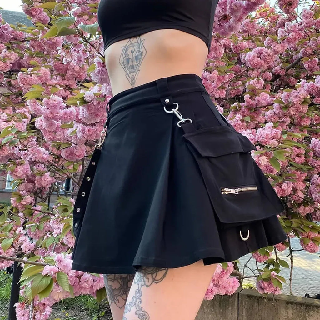 Gothic Punk High Waist Mini Skirt – Chain Straps & Utility Pockets - Blackthorn 31