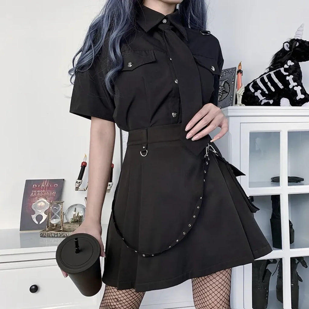 Gothic Punk High Waist Mini Skirt – Chain Straps & Utility Pockets - Blackthorn 31