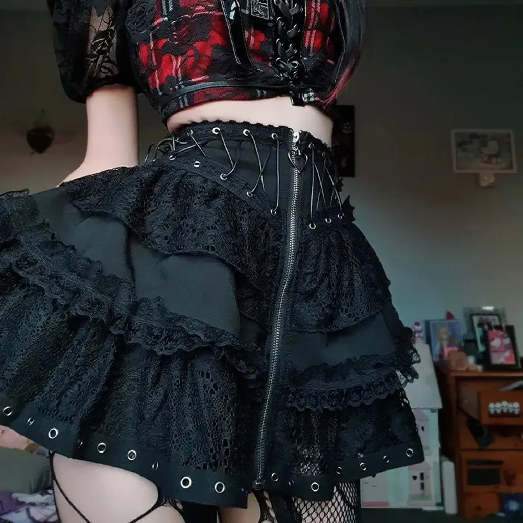Gothic Lace-Up Corset Skirt – Kawaii Harajuku Punk Ruffle Mini Skirt - Blackthorn 31