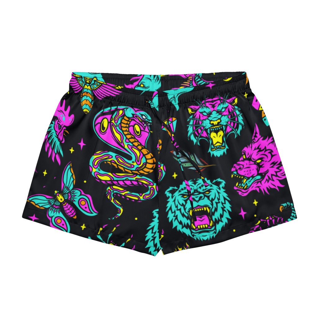 Neon traditional silky pajama shorts from Goth Cloth Co. with a smooth, shiny fabric and relaxed fit for comfortable sleepwear.