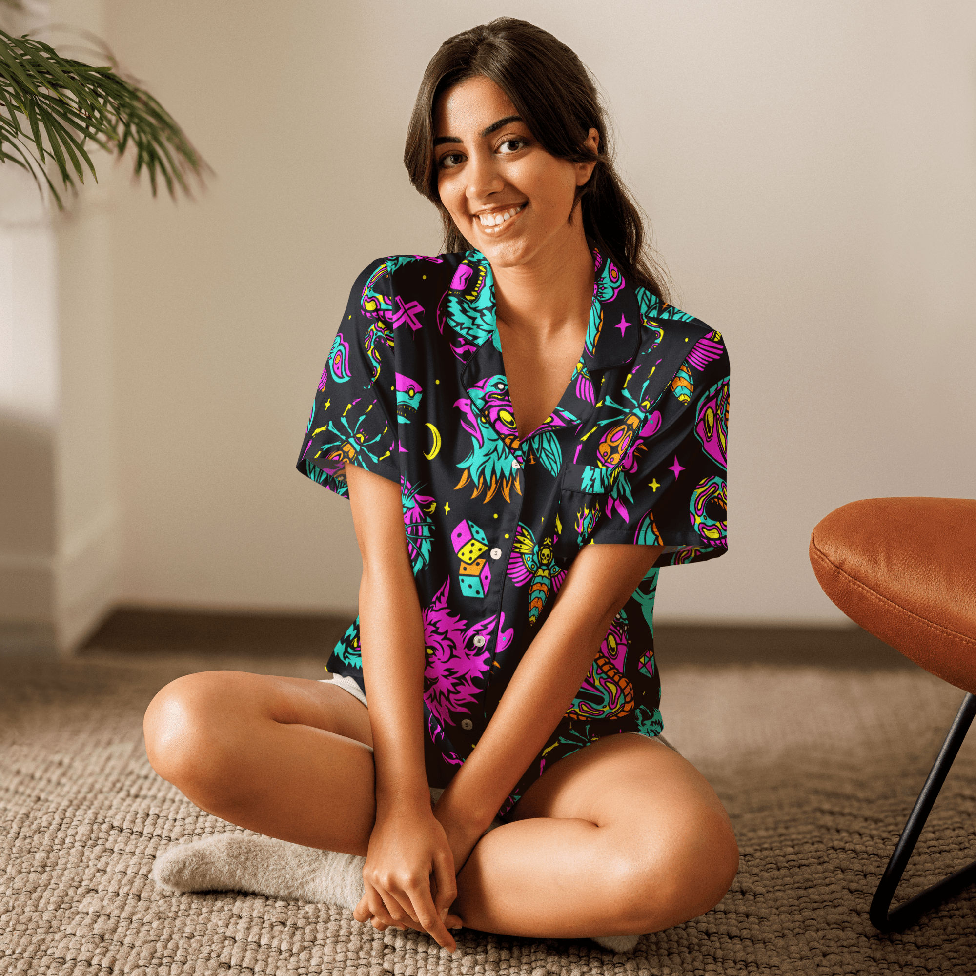 Neon traditional silky pajama top by Goth Cloth Co. featuring vibrant color, soft fabric, and relaxed fit for comfortable sleepwear.