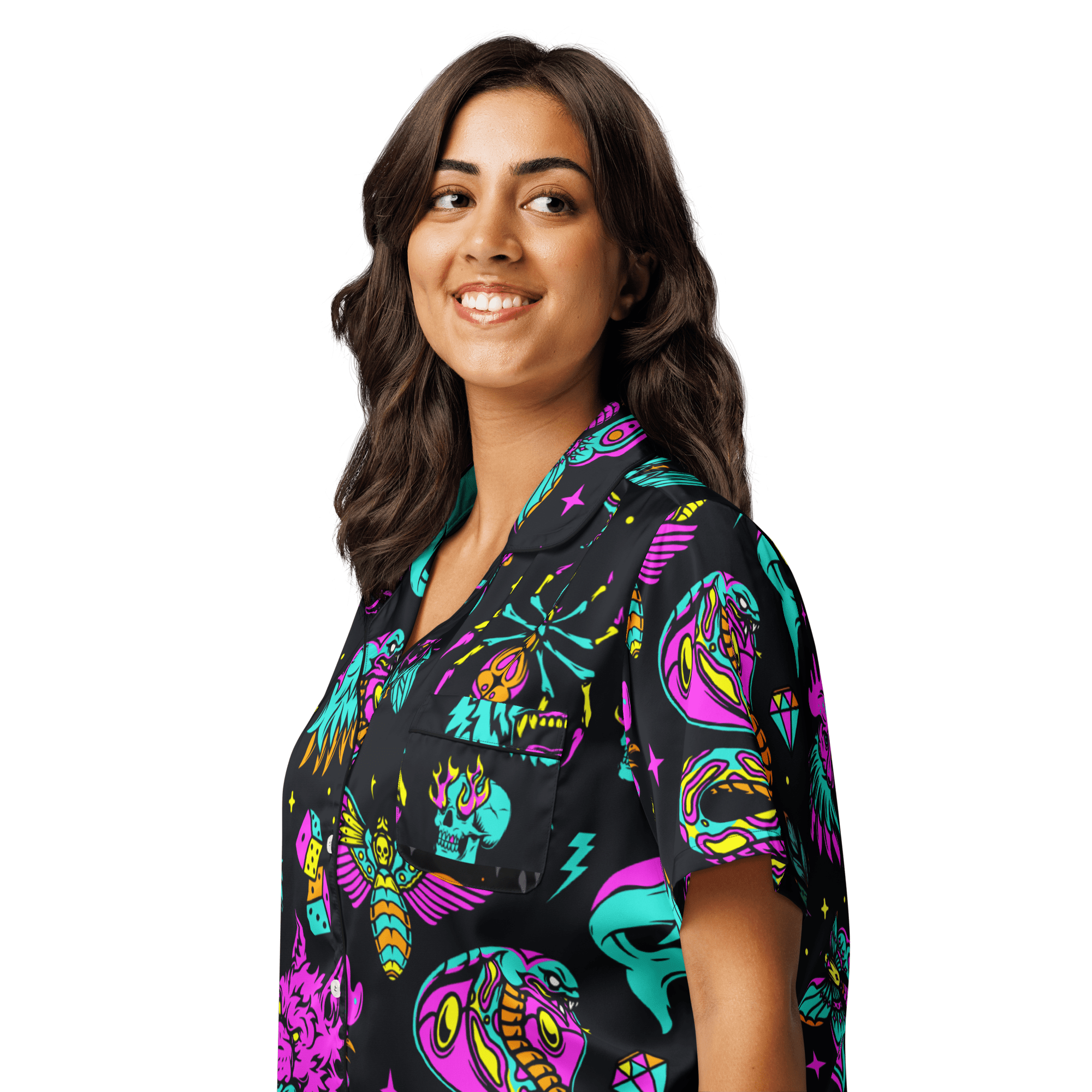 Neon traditional silky pajama top by Goth Cloth Co. featuring vibrant neon color, smooth fabric, and classic relaxed fit.