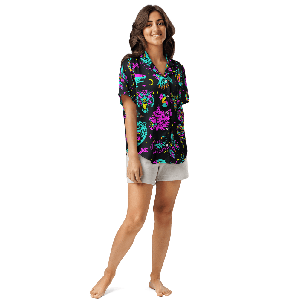 Neon traditional silky pajama top by Goth Cloth Co. featuring vibrant colors and smooth fabric for comfortable sleepwear.