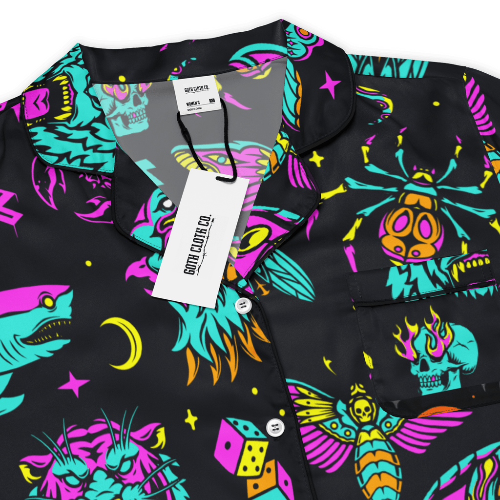 Neon traditional silky pajama top from Goth Cloth Co. featuring vibrant color and smooth fabric, perfect for comfortable sleepwear.