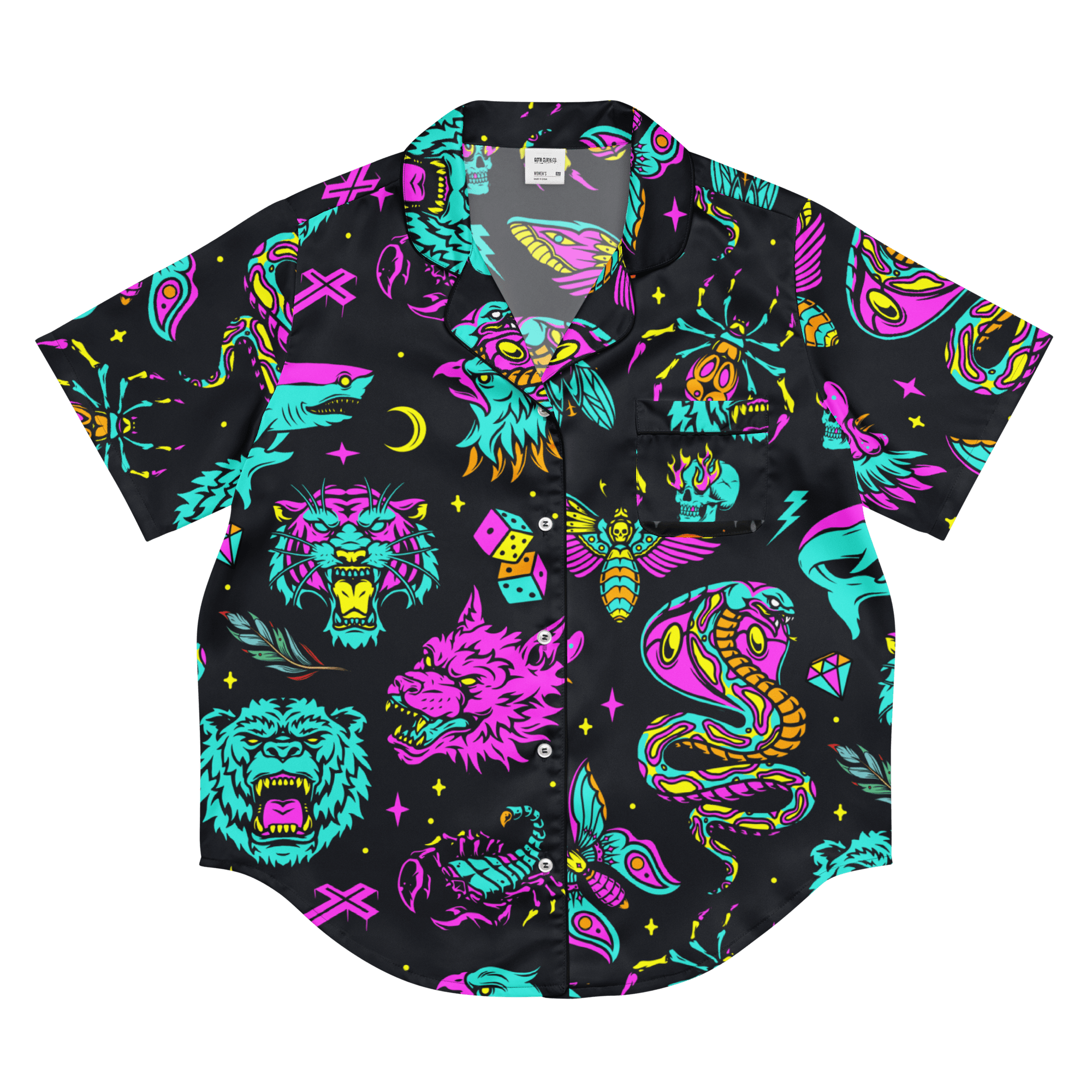Neon traditional silky pajama top by Goth Cloth Co. featuring vibrant neon colors and a comfortable, lightweight design.