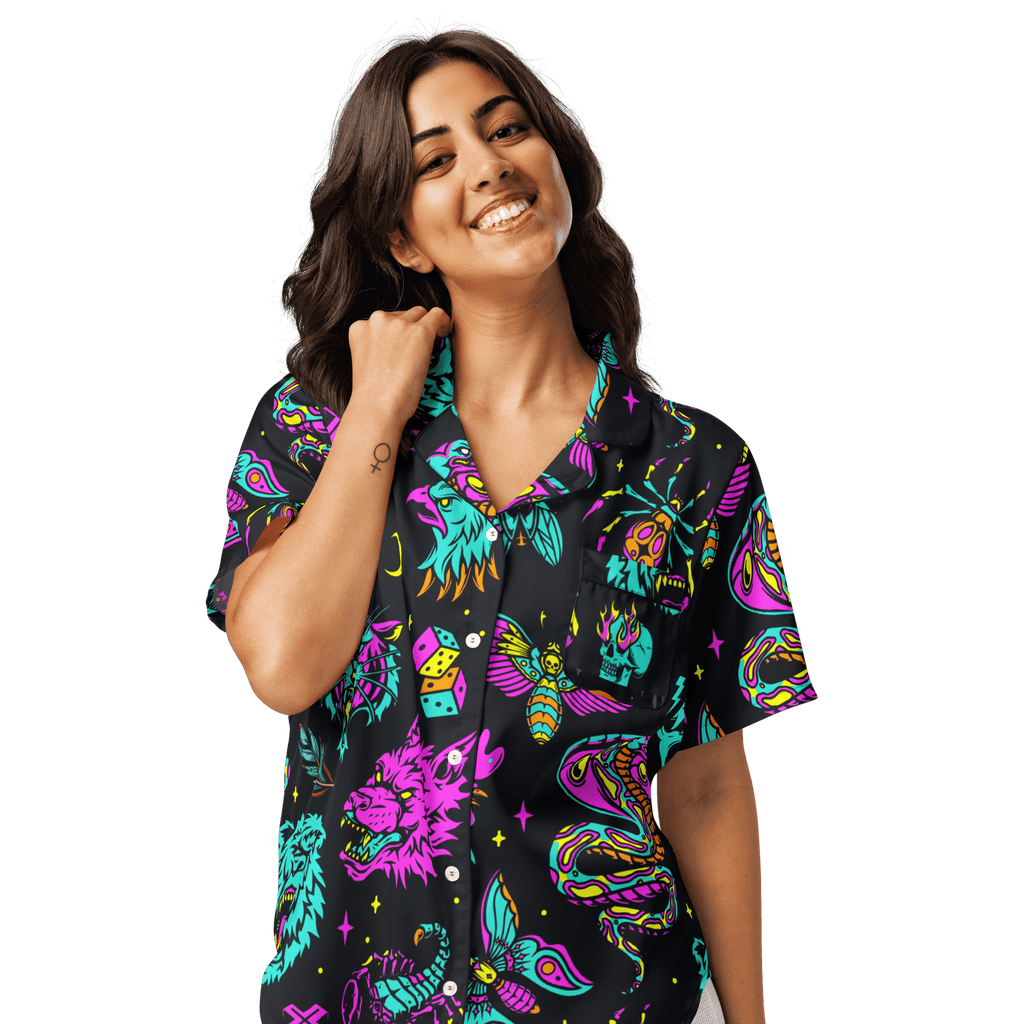 Neon traditional silky pajama top from Goth Cloth Co. featuring vibrant colors and soft, smooth fabric with a relaxed fit.