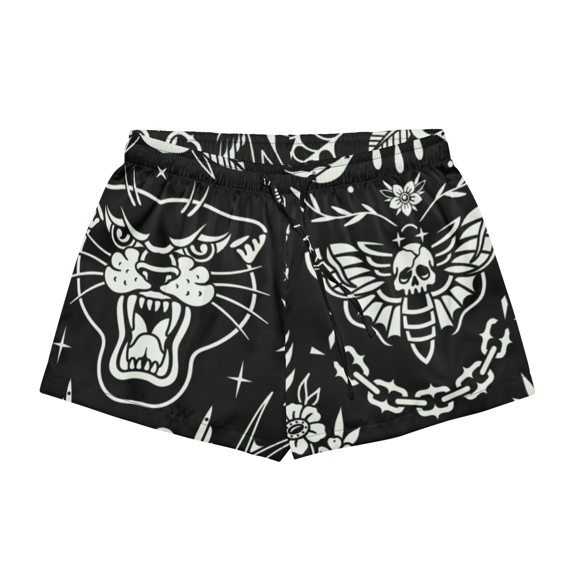 Old School Ink Silky Pajama Shorts by Goth Cloth Co. featuring a smooth, silky fabric with vintage ink-inspired print.
